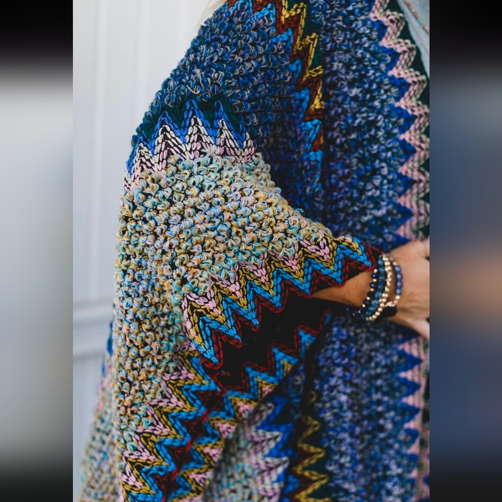Three Bird Nest Multicolor Zigzag Knit Cardigan - Blue, Teal, Pink, Yellow - Picture 4 of 12